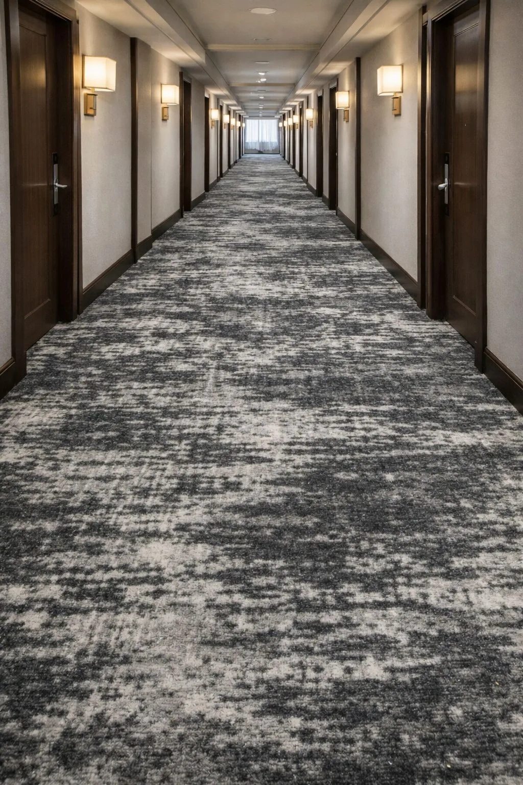 Karo halı kataloq görüntüsü — otel koridorunda boz naxışlı döşəmə